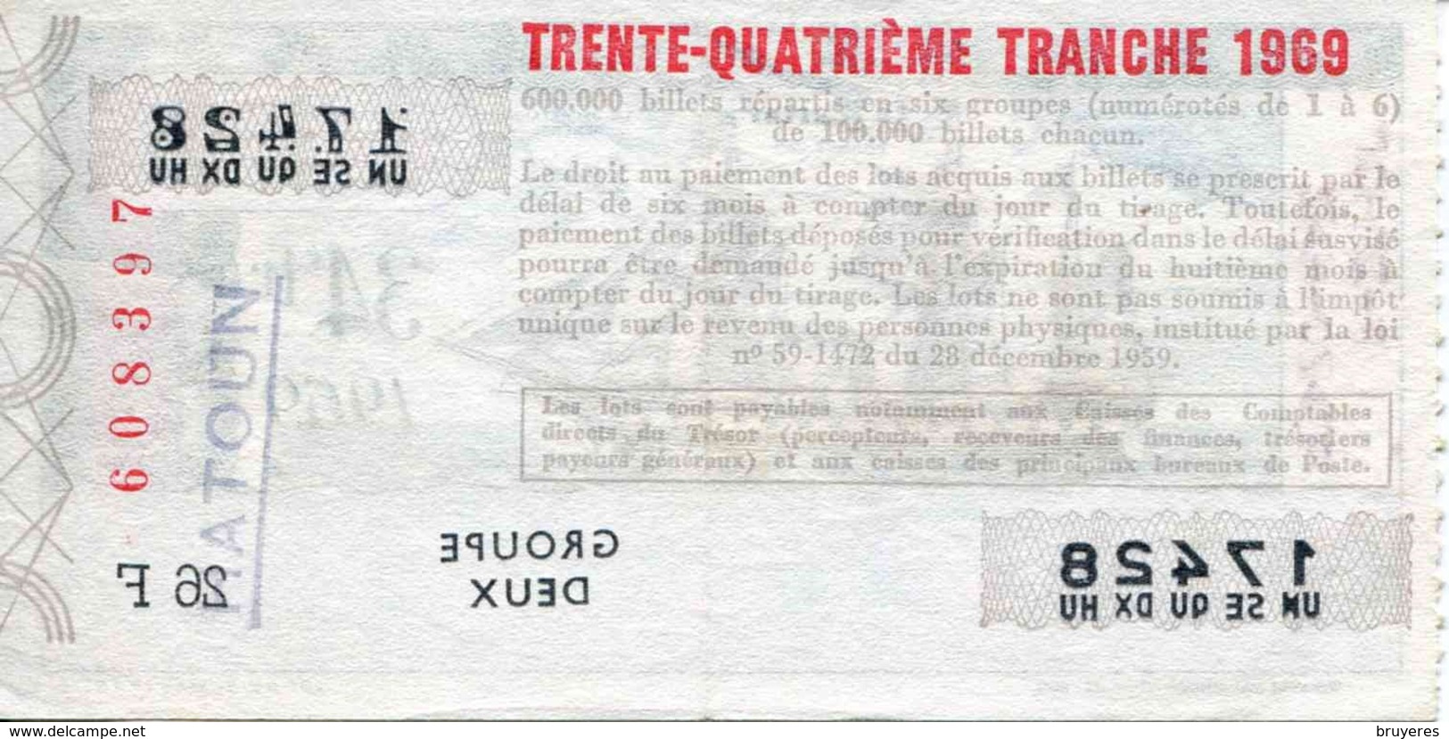 BILLET DE LOTERIE De 1969 Sur Le Thème "La Marine : FRANCE 1855" - Biglietti Della Lotteria