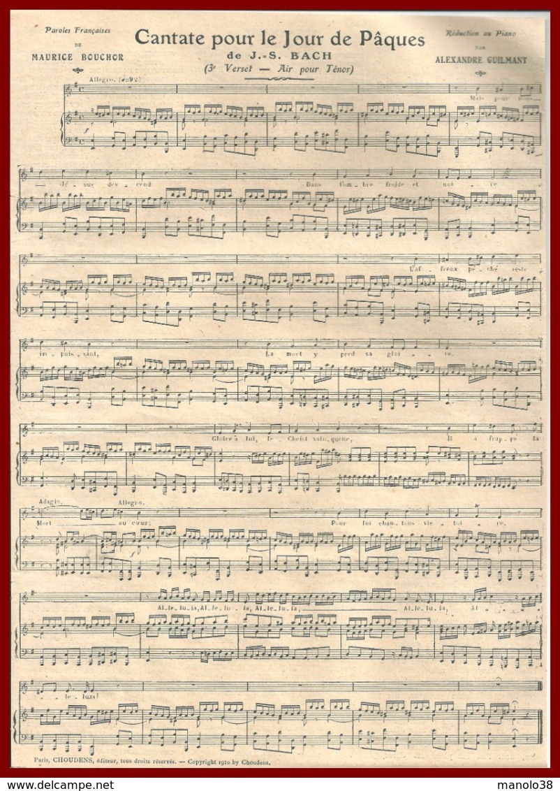 Cantate Pour Le Jour De Pâques De J.S Bach. Paroles Françaises Bouchor. Réduction Au Piano Par Guilmant. 1910. - Non Classés