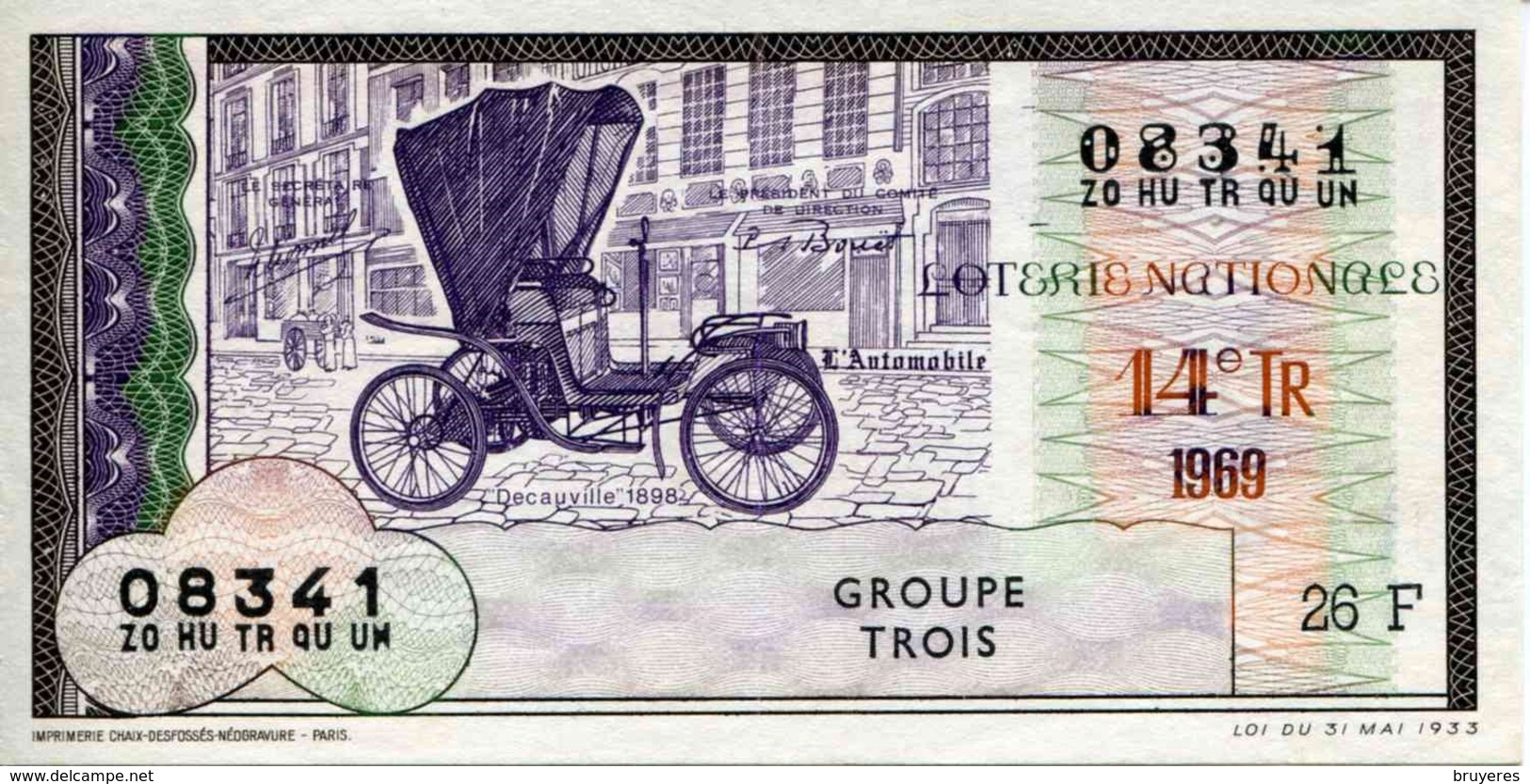 BILLET DE LOTERIE De 1969 Sur Le Thème "L'Automobile : DECAUVILLE 1898 " - Billets De Loterie