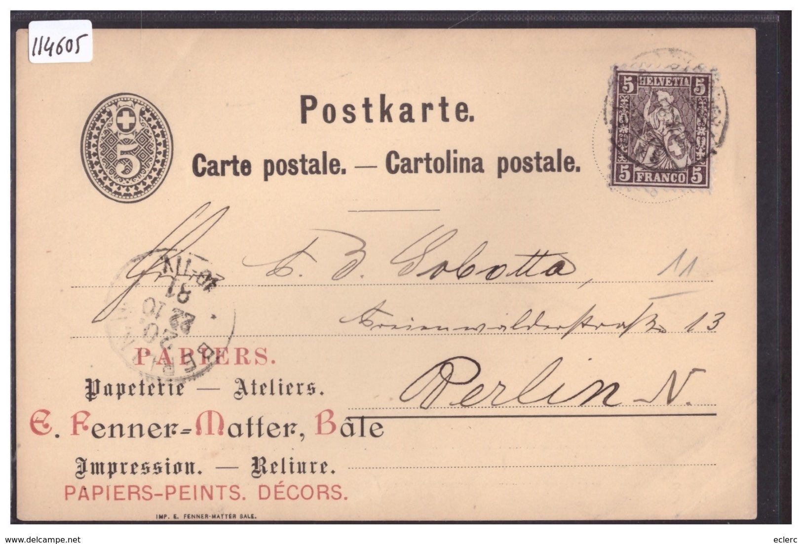 BASEL - GANZSACHE - PAPETERIE RENNER-MATTER - ENTIER POSTAL - B ( PLI D'ANGLE ) - Basilea