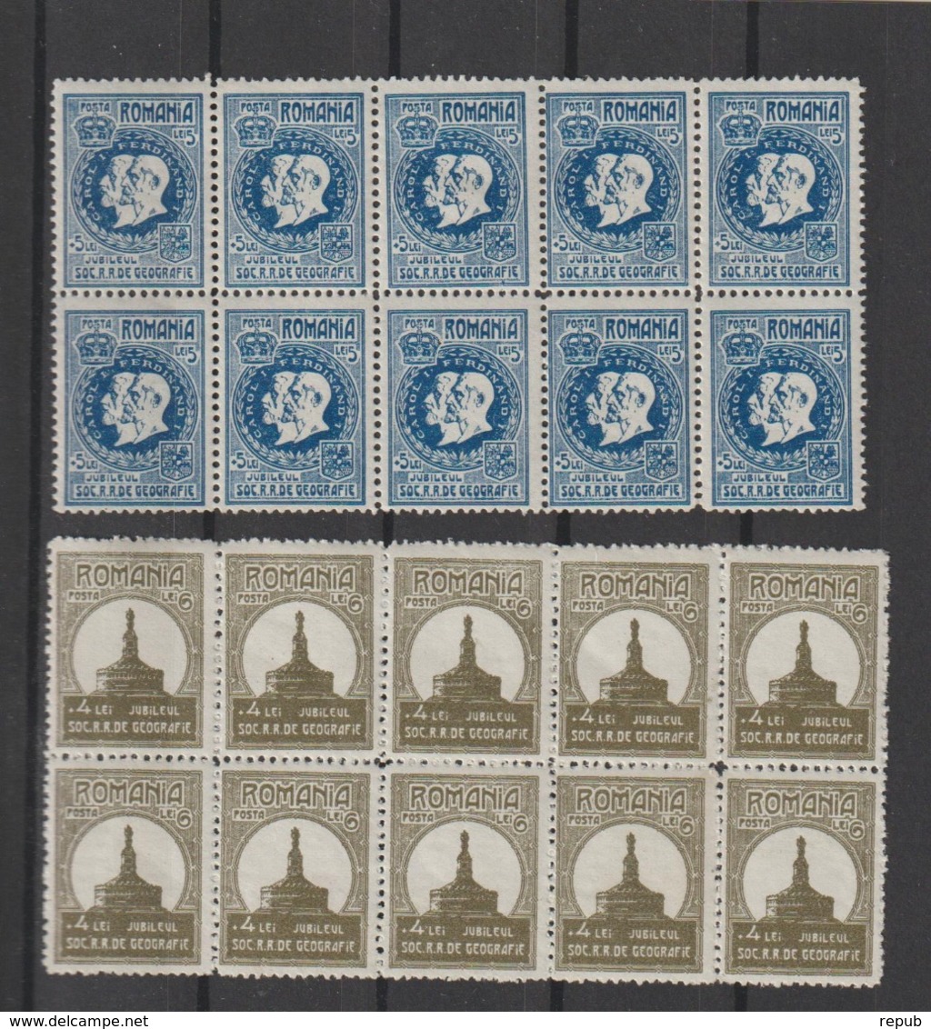 Roumanie 1927  Série Cinquantenaire De La Société De Géographie 319 à 323 5 Val ** MNH En Bloc De 10 - Unused Stamps