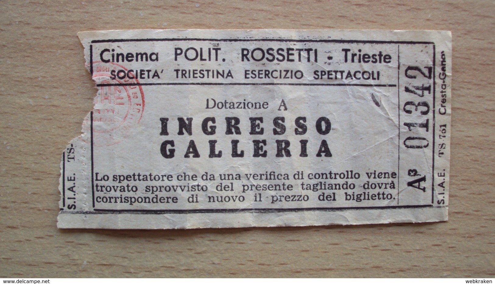 BIGLIETTO INGRESSO CINEMA POLITEAMA ROSSETTI TRIESTE (SC1) - Altri & Non Classificati