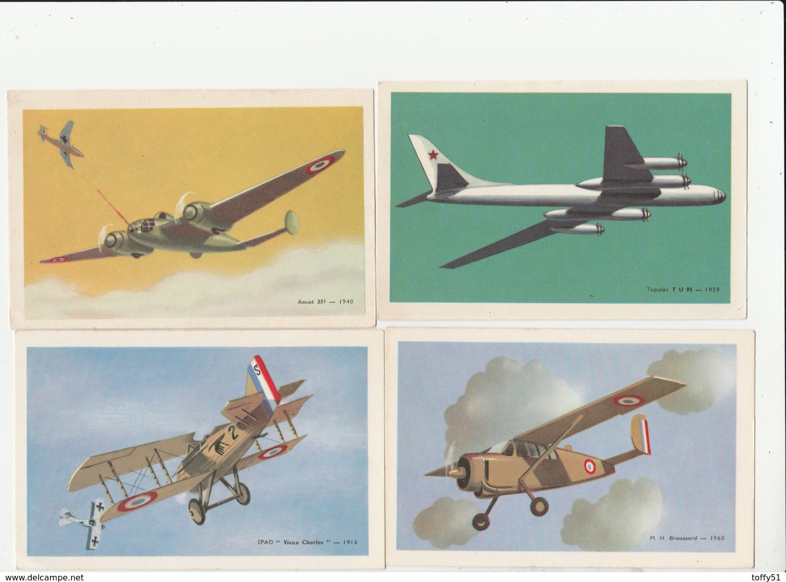 4 CPA COULEUR:AVION "M.H. BROUSSARD 1960,TUPOLEV T U 95 1959,SPAD VIEUX CHARLES 1916,AMIOT 351 1940.. CHOCOLAT TOBLER - Autres & Non Classés