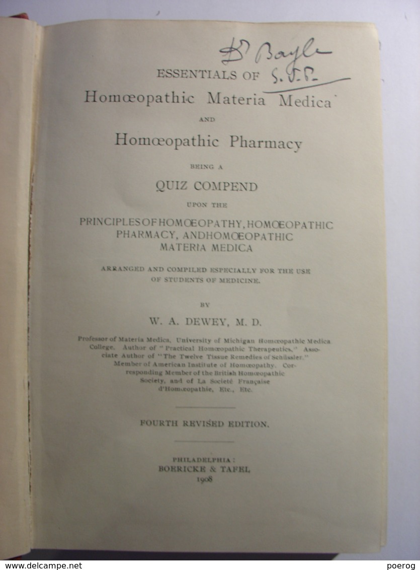ESSENTIALS OF HOMEOPATHIC MATERIA MEDICA AND PHARMACY - W.A. DEWEY - BOERICKE & TAFEL 1908 Livre En Anglais Homeopathie - 1900-1949