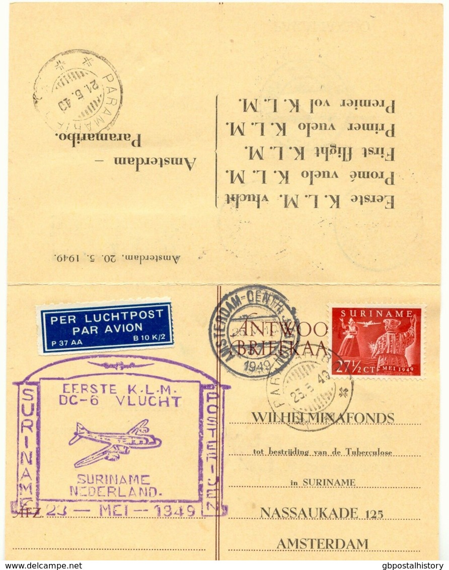 NIEDERLANDE 1949 30 C Königin Wilhelmina A. 7 1/2 C GA FIRST FLIGHT AMSTERDAM-PARAMARIBO - Poste Aérienne