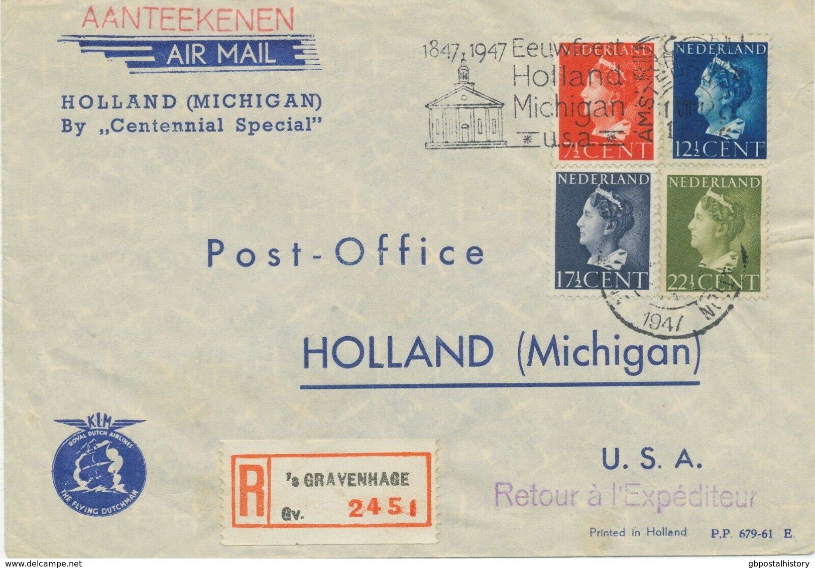 NETHERLANDS 1947 Centennial Special Flight KLM AMSTERDAM-HOLLAND (MICHIGAN, USA) - Poste Aérienne