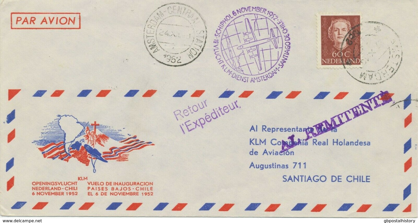 NETHERLANDS 1952 Rare Superb First Flight KLM "AMSTERDAM - SANTIAGO DE CHILE" - Poste Aérienne