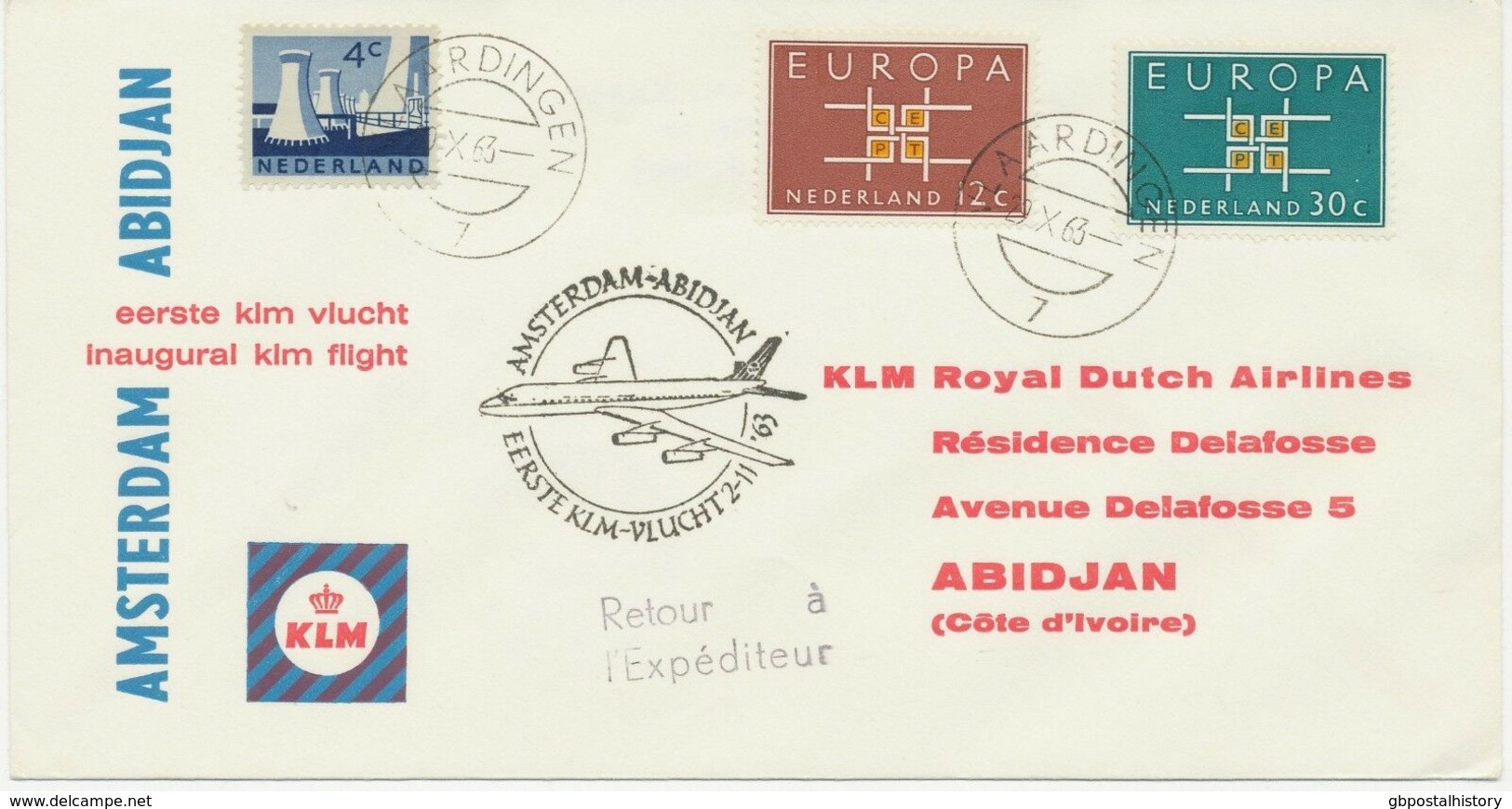 NIEDERLANDE 1963, Selt. Kab.-Erstflug KLM "AMSTERDAM - ABIDJAN" (Elfenbeinküste) - Airmail