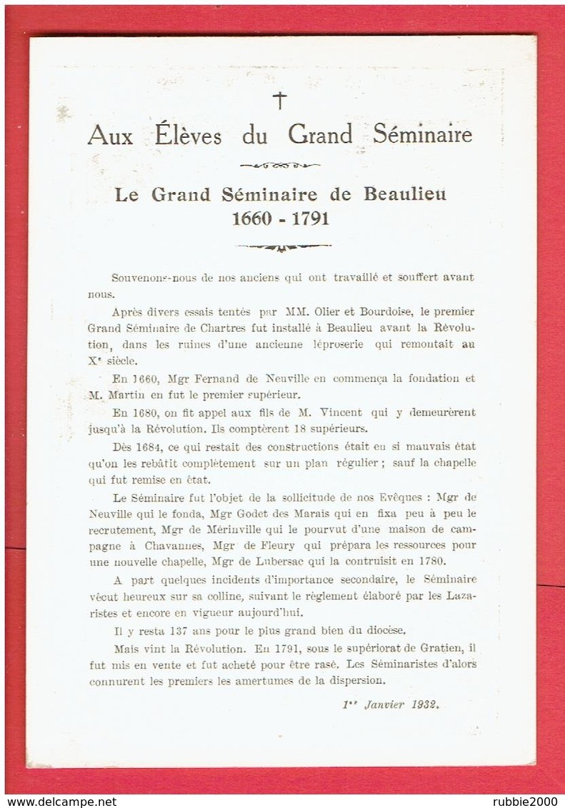 CHARTRES 1932 LE GRAND SEMINAIRE DE BEAULIEU 1660 1791 CARTE EN TRES BON ETAT - Chartres