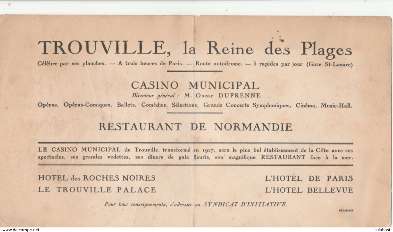 TROUVILLE, La Reine Des Plages. Carte Publicitaire Illustrée Double (art-déco) Suite à La Rénovation Du Casino. - Advertising