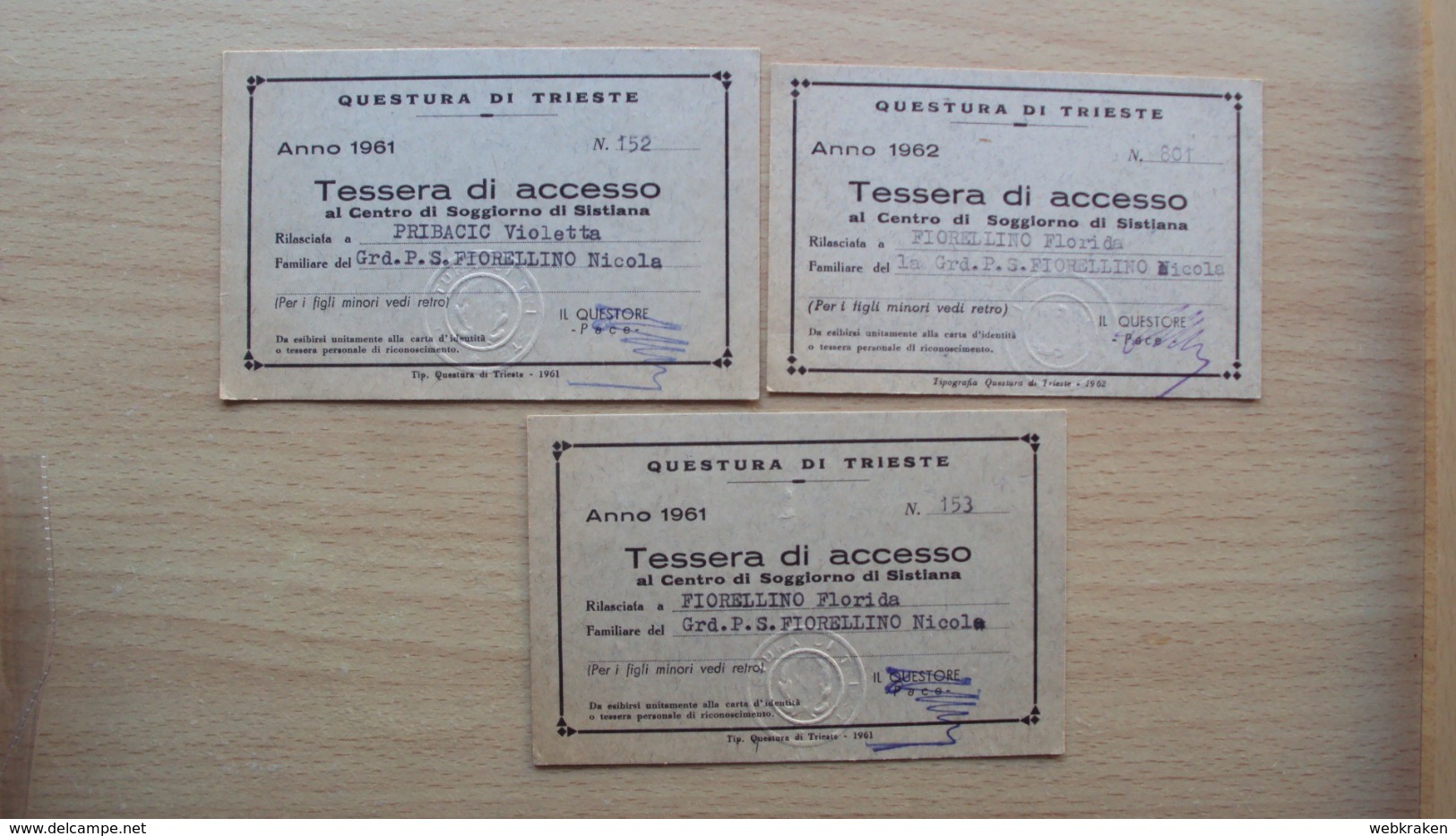 3 TESSERE DI ACCESSO AL SOGGIORNO ESTIVO DI SISTIANA TRIESTE RILASCIATE DALLA QUESTURA DI TRIESTE 1961-62 - Non Classificati