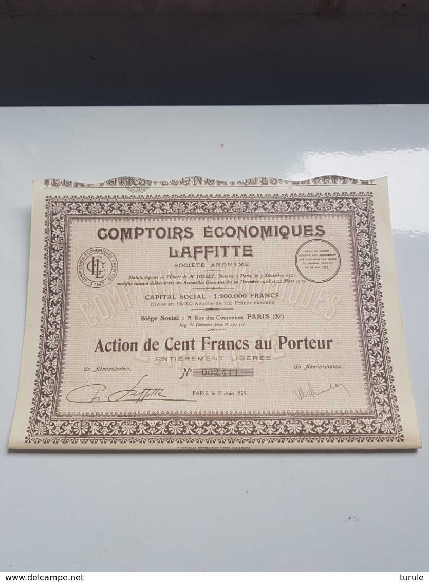 COMPTOIRS ECONOMIQUES LAFFITTE (100 Francs) 1929 - Autres & Non Classés