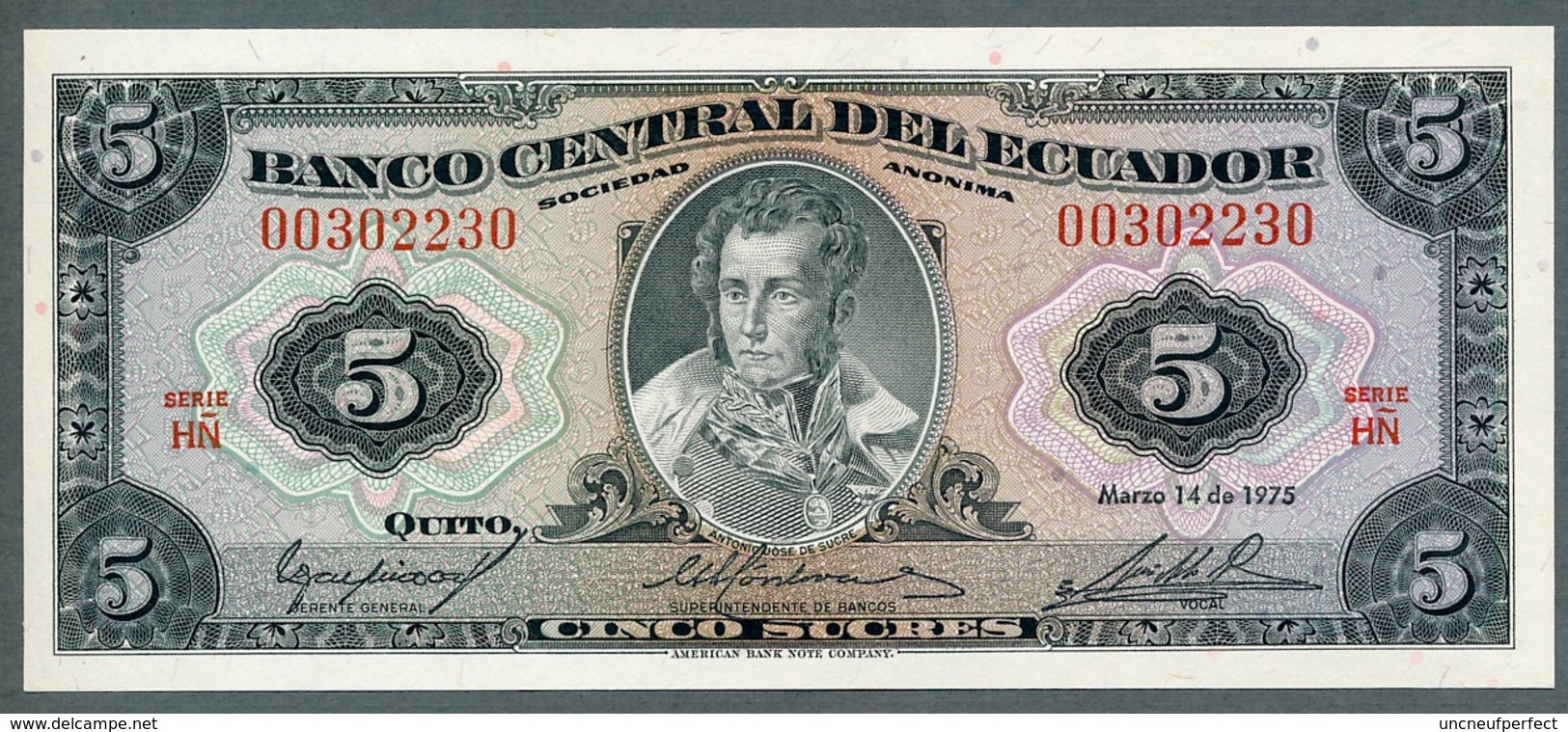 Pick 108a  - 5 Sucres - 1975 -  UNC  N° 00302230 Série HN Avec Accent - Ecuador