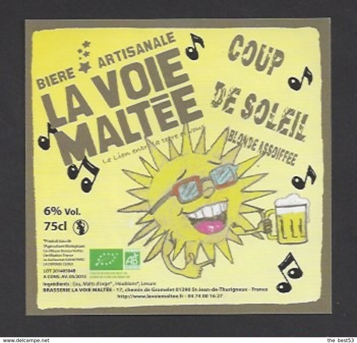 Etiquette De Bière Blonde  -  Coup De Soleil  -  Brasserie La Voie Maltée à  Saint Jean De Thurigneux (01) - Bière