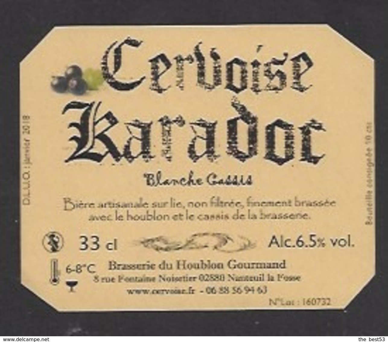 Etiquette De Cervoise Blanche Cassis - Karadoc -  Brasserie Du Houblon Gourmand à Nanteuil La Fosse  (02) - Bière