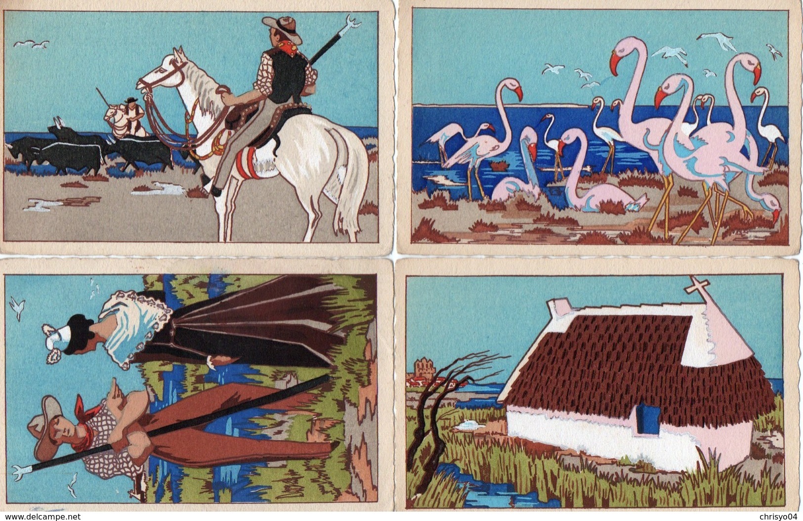 93Maj   Illustrateur Lot De 4 Cpa Camargue Gardian Flamands Cabane - 1900-1949