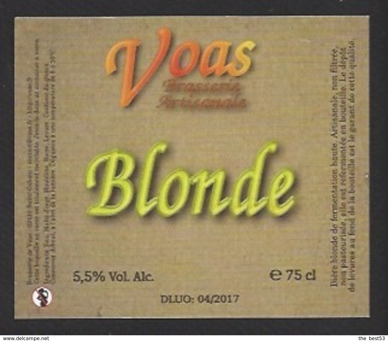 Etiquette De Bière Blonde  -   Brasserie De Voas à Saint Gobain  (02) - Bière