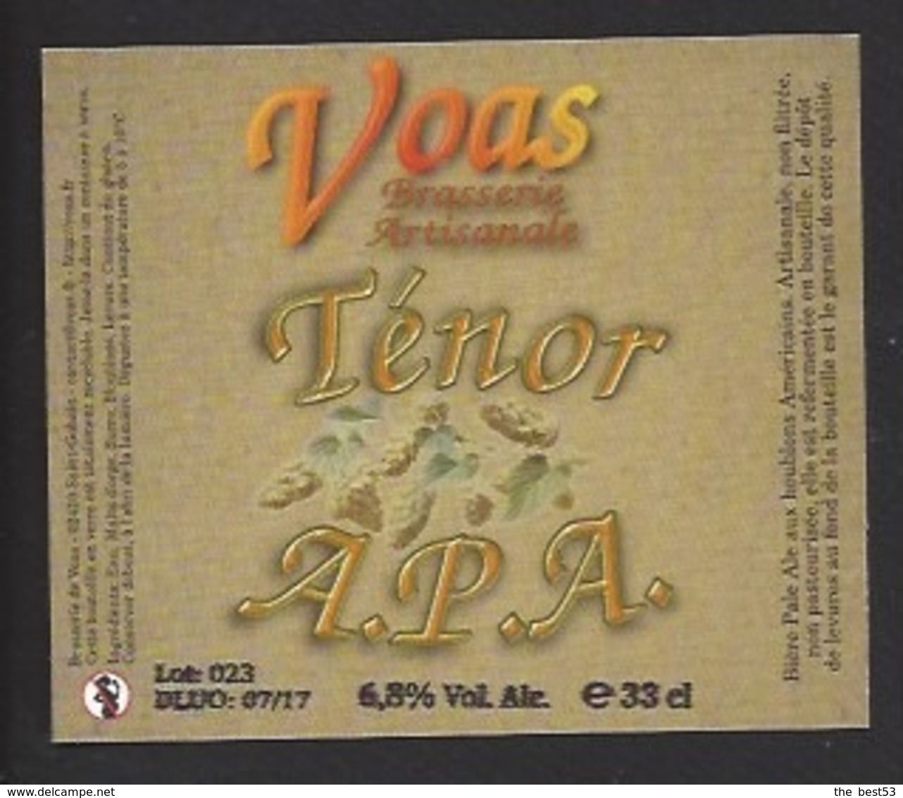 Etiquette De Bière Ténor APA  -   Brasserie De Voas à Saint Gobain  (02) - Bière