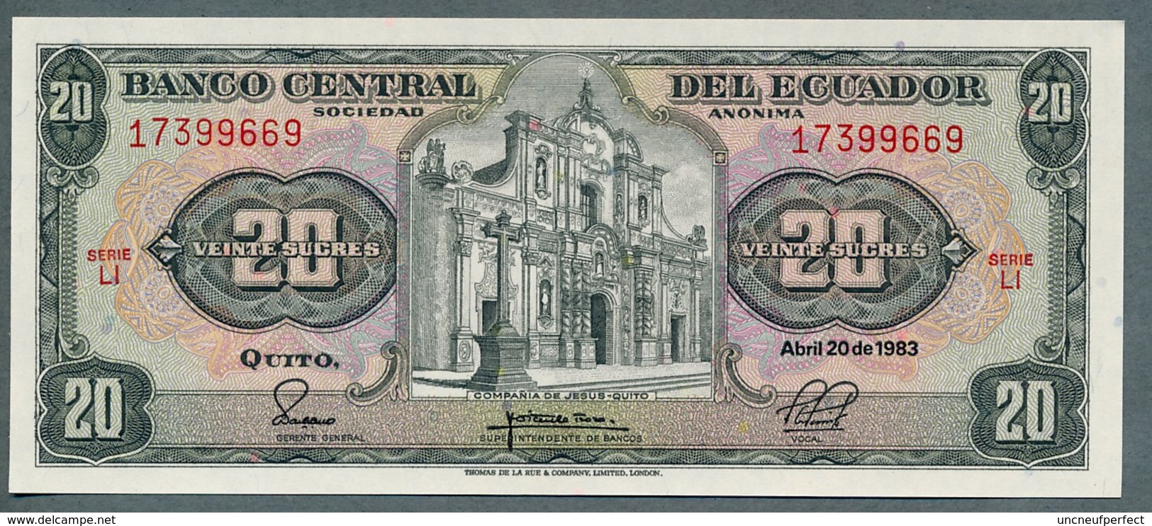 P-115b 20 Sucres (20.4.1983) UNC Série LI N° 17399669 - Ecuador