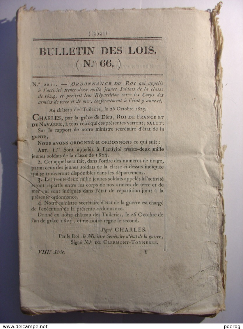 BULLETIN DE LOIS De 1825 - ARMEE CLASSE DE 1824 - PRIMES SELS AMMONIAC BEURRES SALES - RELIGIEUSES REFUGE VALENCE DROME - Decrees & Laws