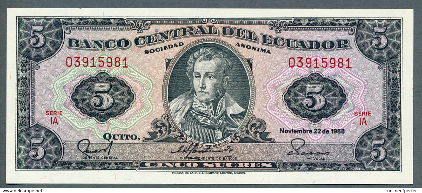 P 113d - 5 SUCRES - 22/11/1988 - NEUF Série IA N° 03915981 - Ecuador