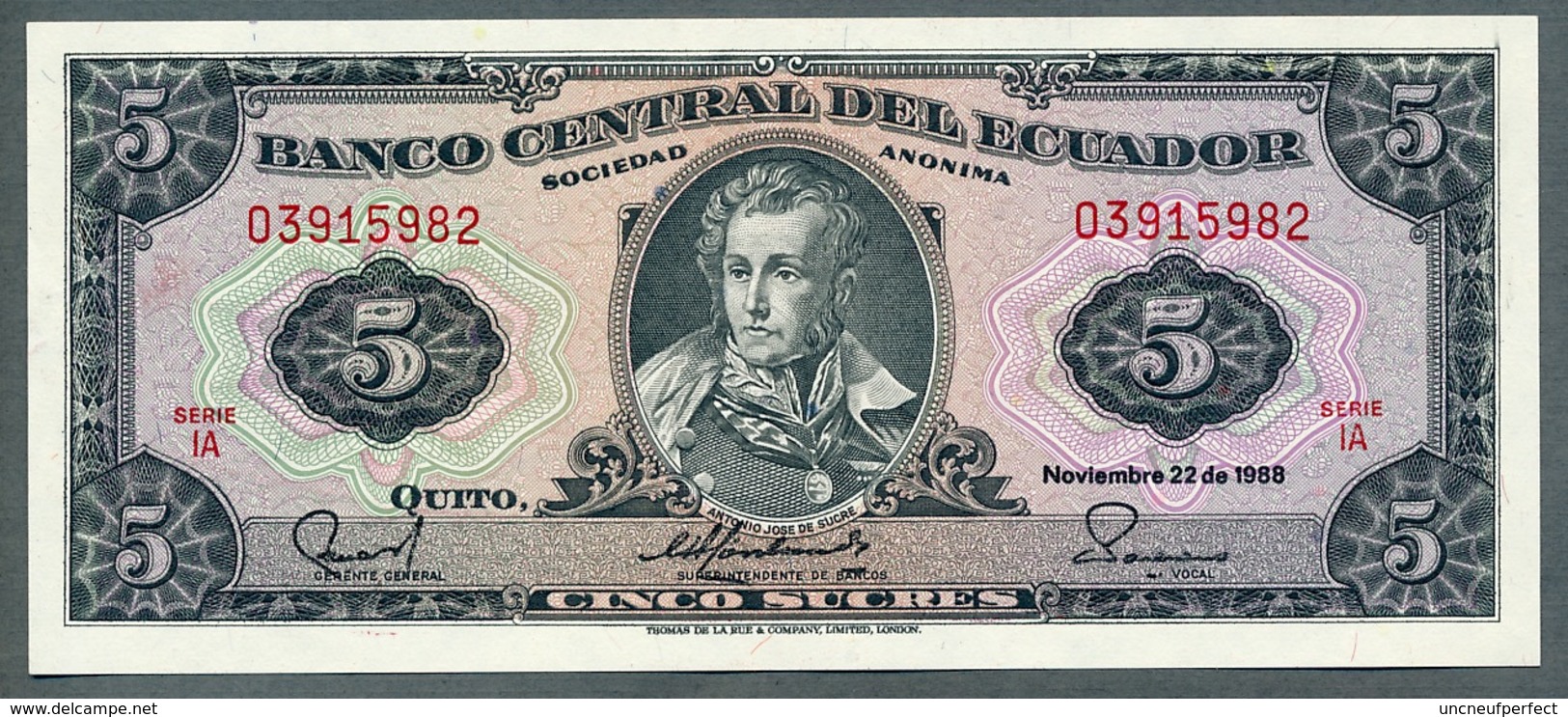 P 113d - 5 SUCRES - 22/11/1988 - NEUF Série IA N° 03915982 - Ecuador