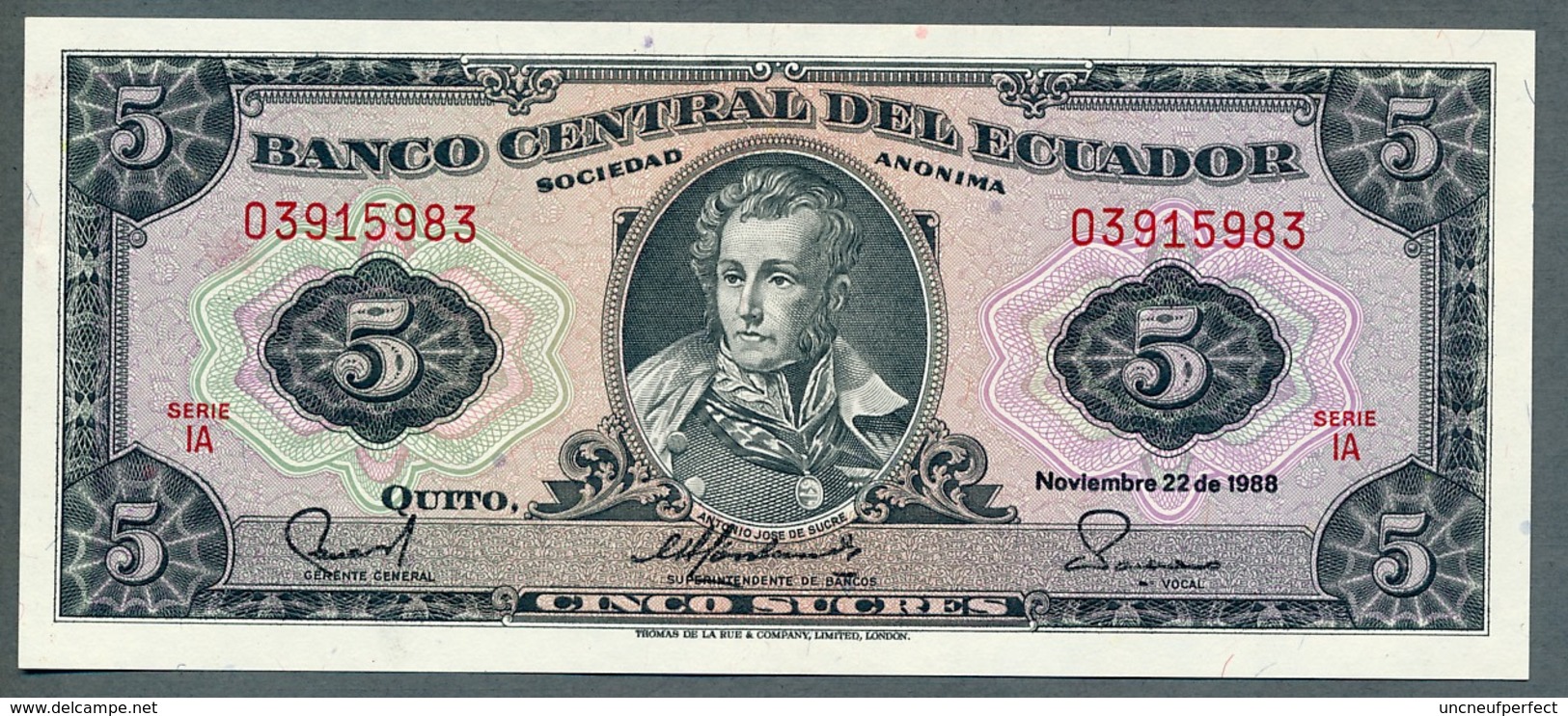 P 113d - 5 SUCRES - 22/11/1988 - NEUF Série IA N° 03915983 - Ecuador