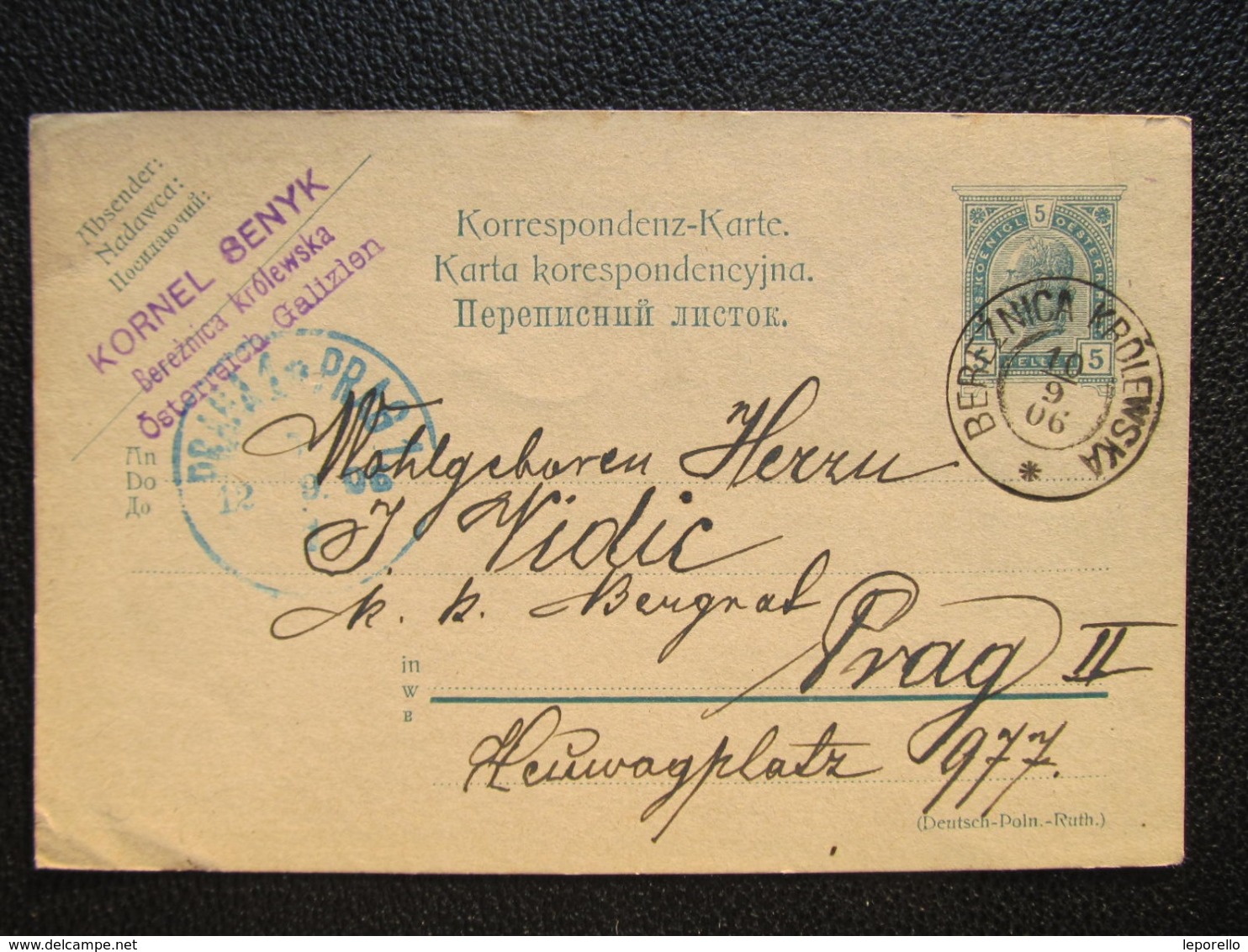 GANZSACHE Bereznica Krolewska - Prag 1906////  D*40090 - Covers & Documents