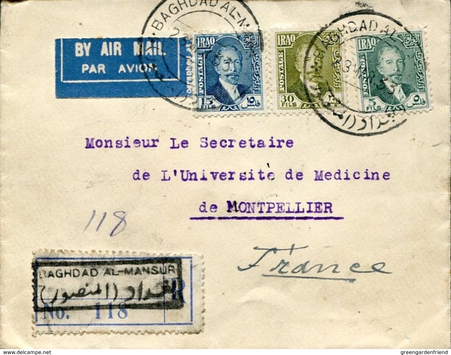 47389 Iraq,circuled Registered Cover  1933 To France  (see 2 Scans) - Iraq