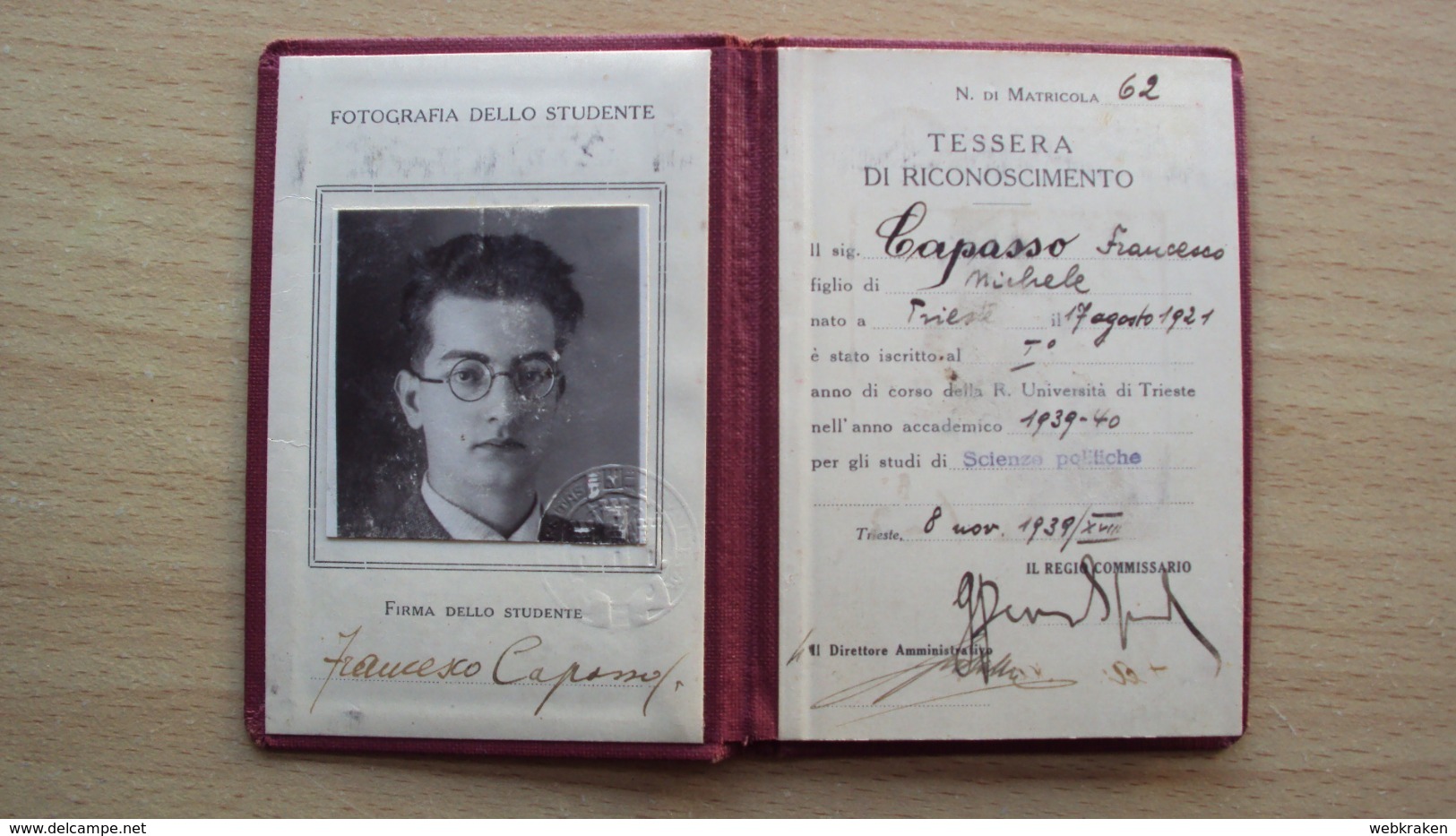 TESSERA RICONOSCIMENTO UNIVERSITà STUDI DI TRIESTE 1939 1940 (s.c. 1) - Non Classificati