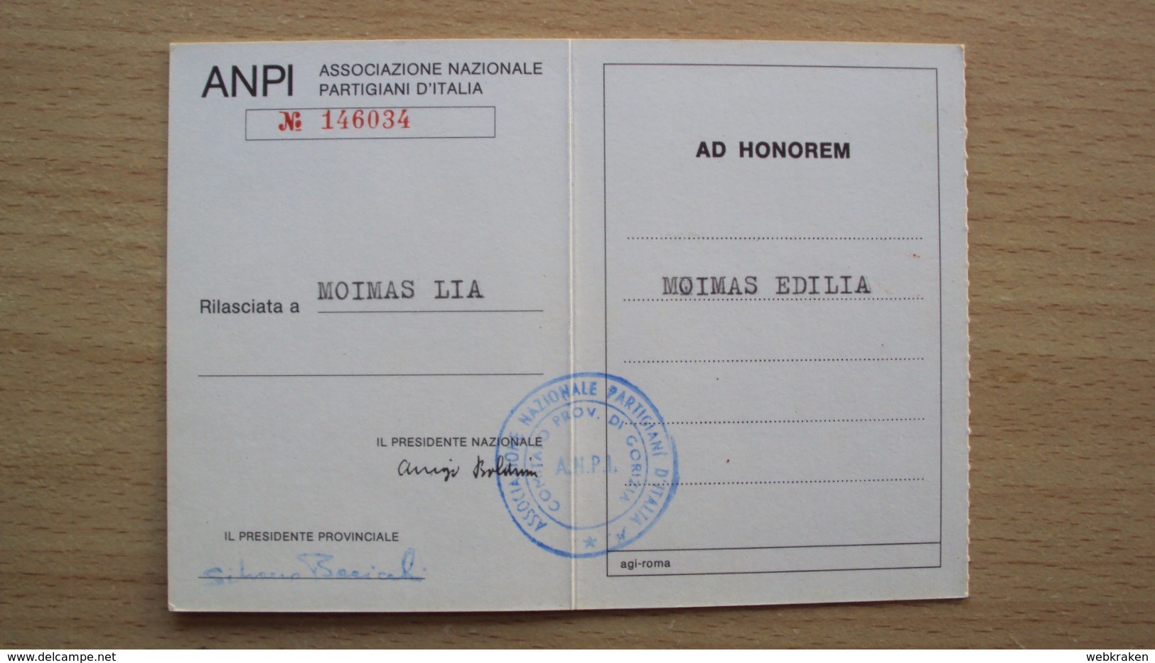 TESSERA RICONOSCIMENTO ASSOCIAZIONE NAZIONALE PARTIGIANI ANPI A.N.P.I. 1991 - Ohne Zuordnung