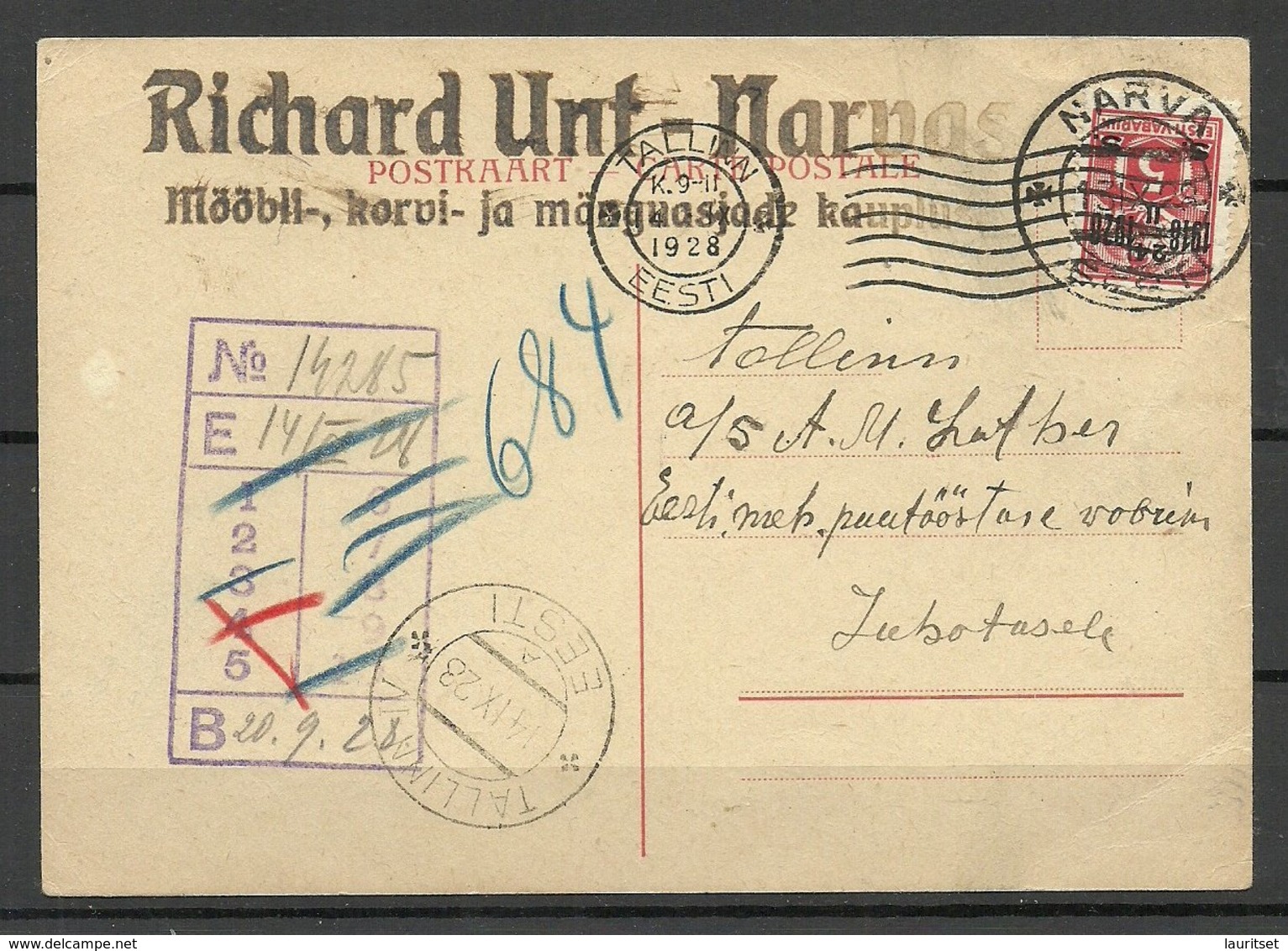 Estland Estonia 1928 Firmenpostkarte Mit Überdruck Und Michel 68 Als Einzelfrankatur - Estland