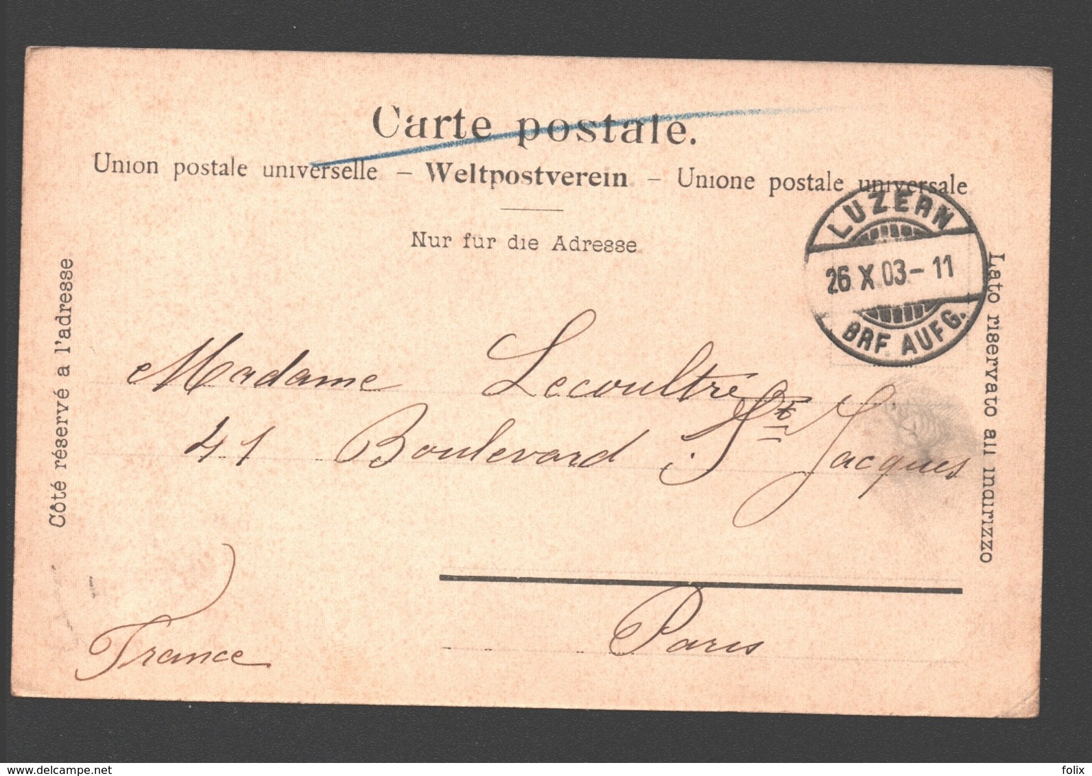 Luzern - Löwendenkmal - 1903 - Single Back - Lucerne