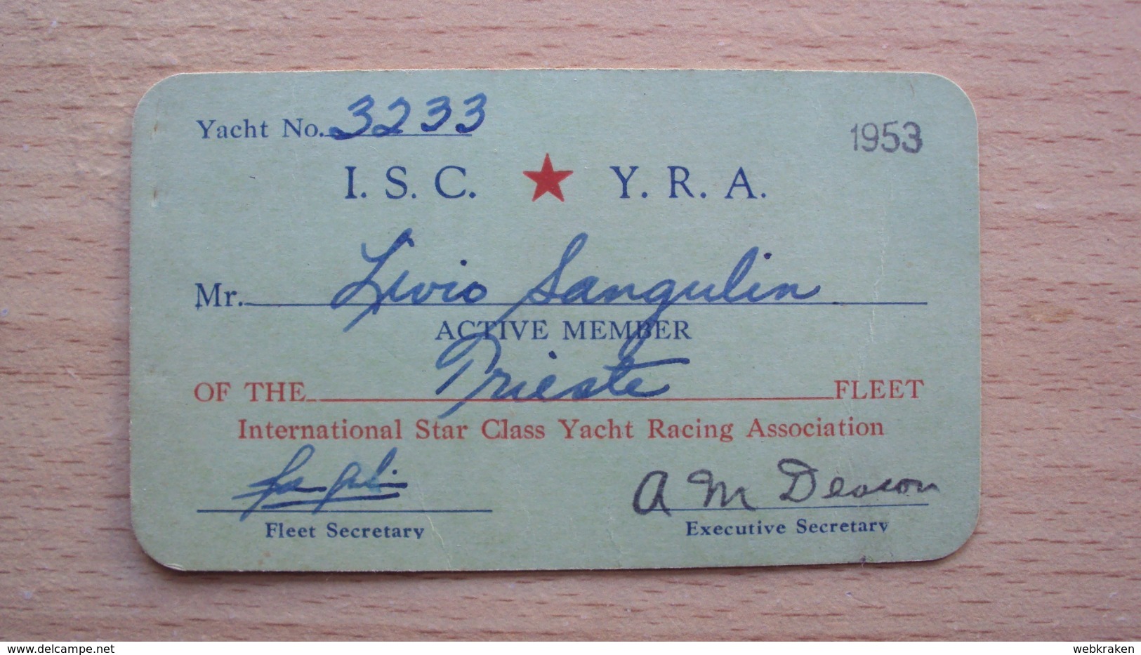 TESSERA RICONOSCIMENTO YACHT Star Class RACING  I.S.C. Y.R.A. 1953 Trieste  (sc. 1) - Non Classificati