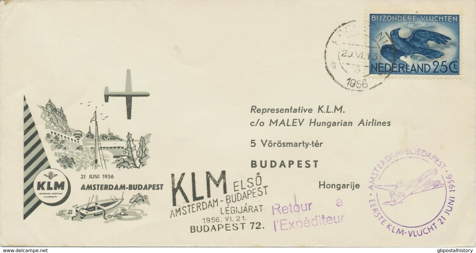 NIEDERLANDE 1956 Erstflug Der KLM "AMSTERDAM - BUDAPEST", Nur Wenige Geflogen - Posta Aerea