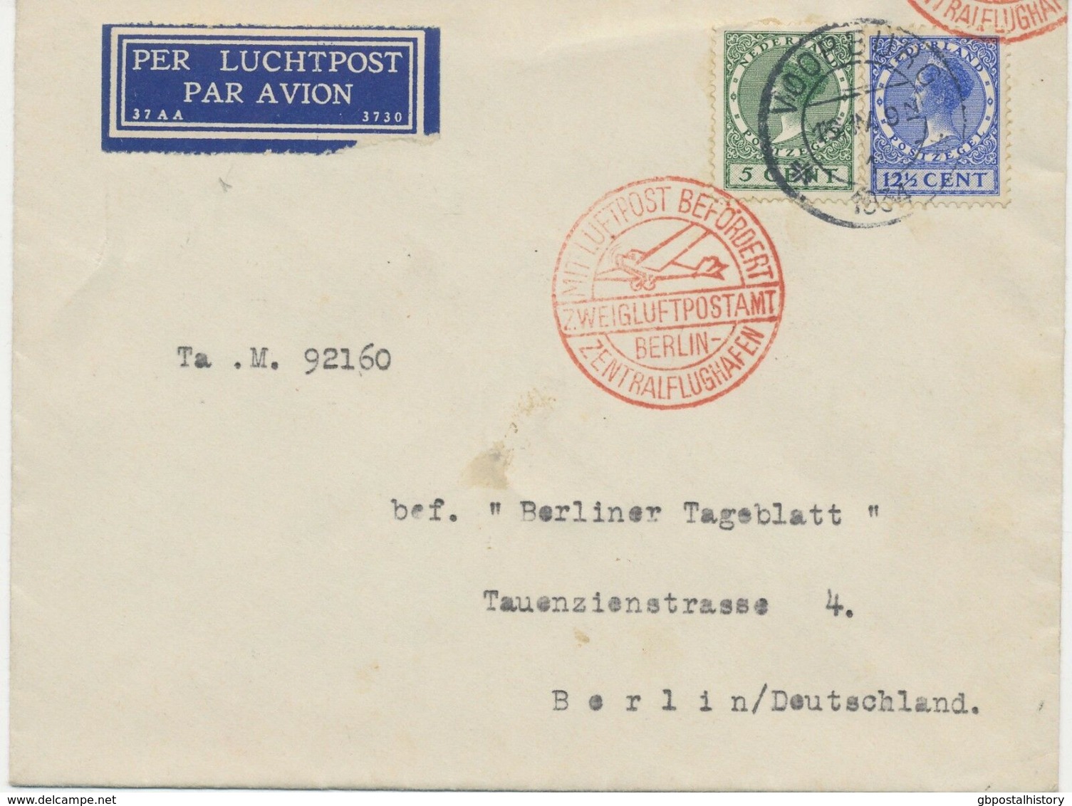NIEDERLANDE1934 Königin Wilhelmina 5 C + 12 1/2 C Lupo-Bf MIT LUFTPOST BEFÖRDERT BERLIN - Poste Aérienne