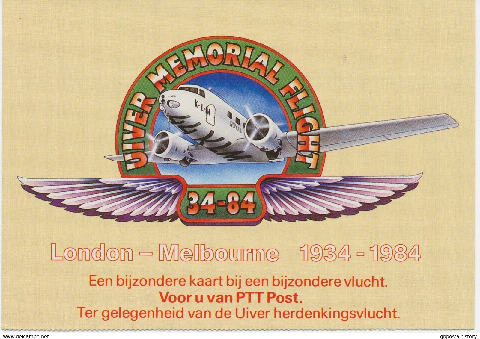 NIEDERLANDE 1984 "Uiver"-Erinnerungs-Sonderflug A. Sonderflugpostkarte MELBOURNE - Luchtpost