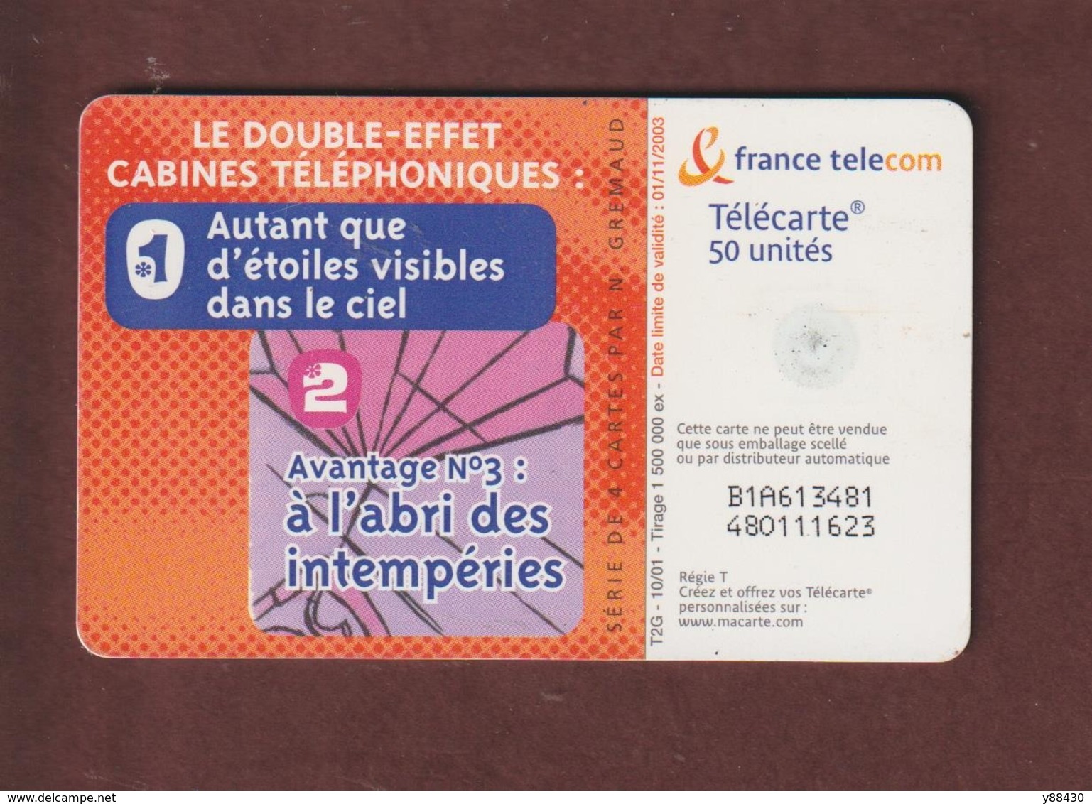 TELECARTE - Carte Téléphonique De 50 Unités - Avantage Cabine : à L'abri Des Intempéries   - 2 Scannes. - 50 Unità  