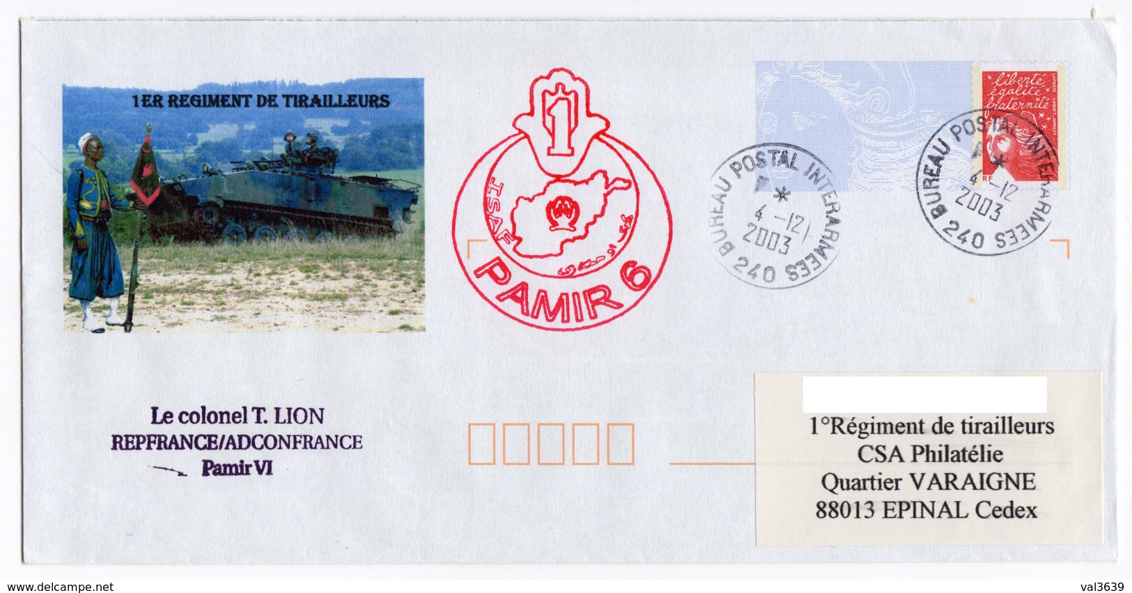 Afghanistan - Pli Illustré Du 1er Rgt Tirailleurs Pamir VI Oblitération Du BPI 240 04/12/2003 + Cachet REPFRANCE - Militärstempel Ab 1900 (ausser Kriegszeiten)