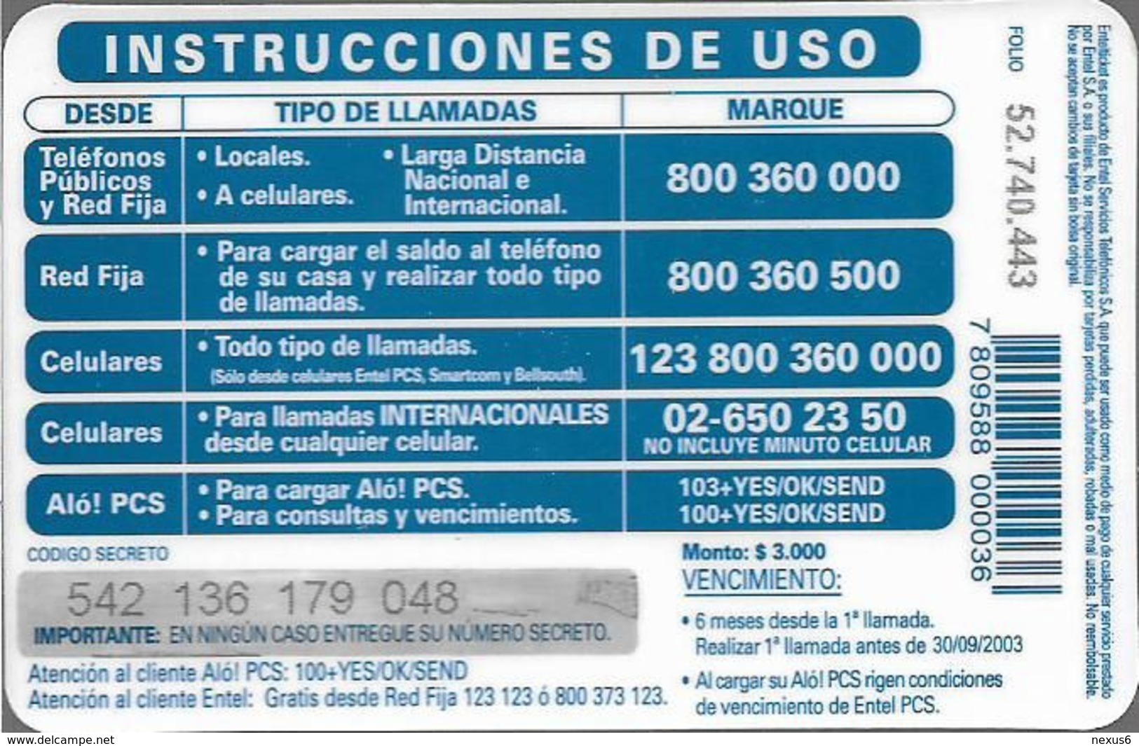 Chile - Entel - También Puedes Hacer Llamads Locales, Prepaid 3.000Cp$, Exp. 30.09.2003, Used - Chile