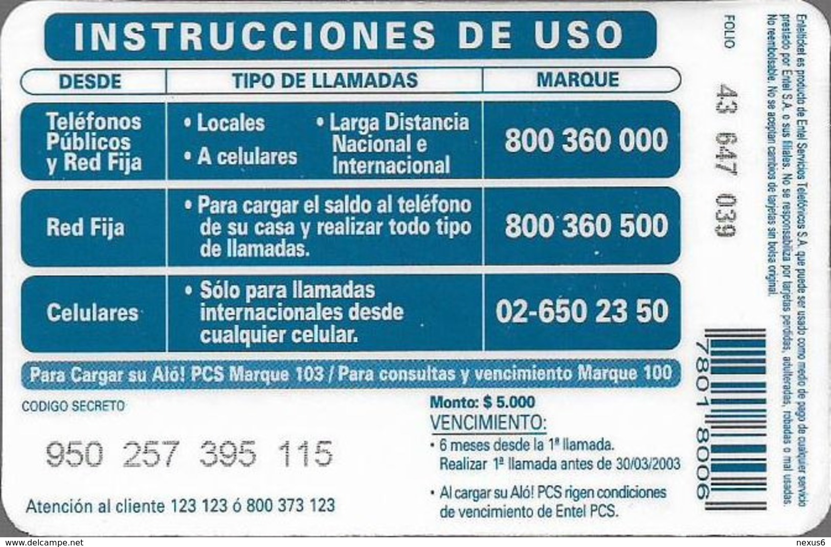 Chile - Entel - También Puedes Hacer Llamads Locales, Prepaid 5.000Cp$, Exp. 30.03.2003, Used - Chile