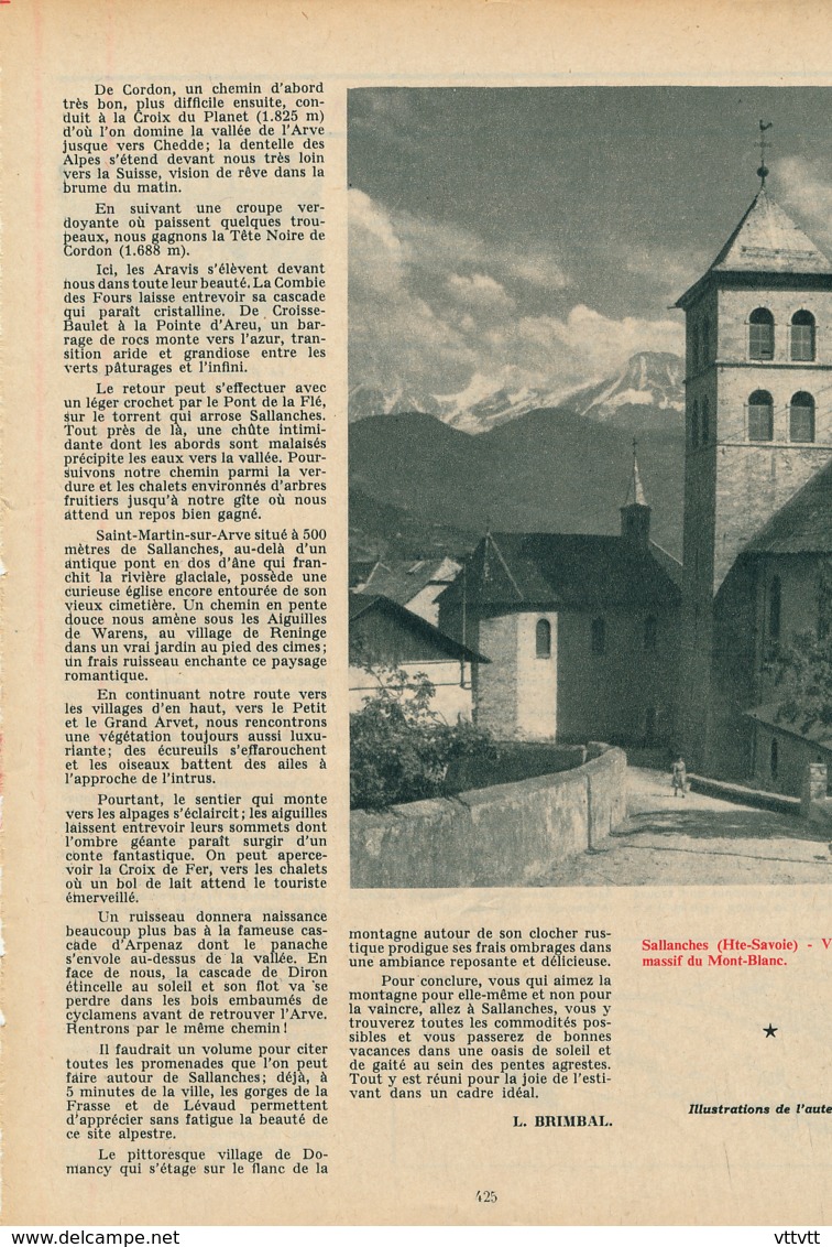 1954 : Document, SALLANCHES, Le Petit-Arvet, Aiguilles De Warens, Eglise De Cordon, Lac De Caveltaz, Pointe D'Areu... - Zonder Classificatie