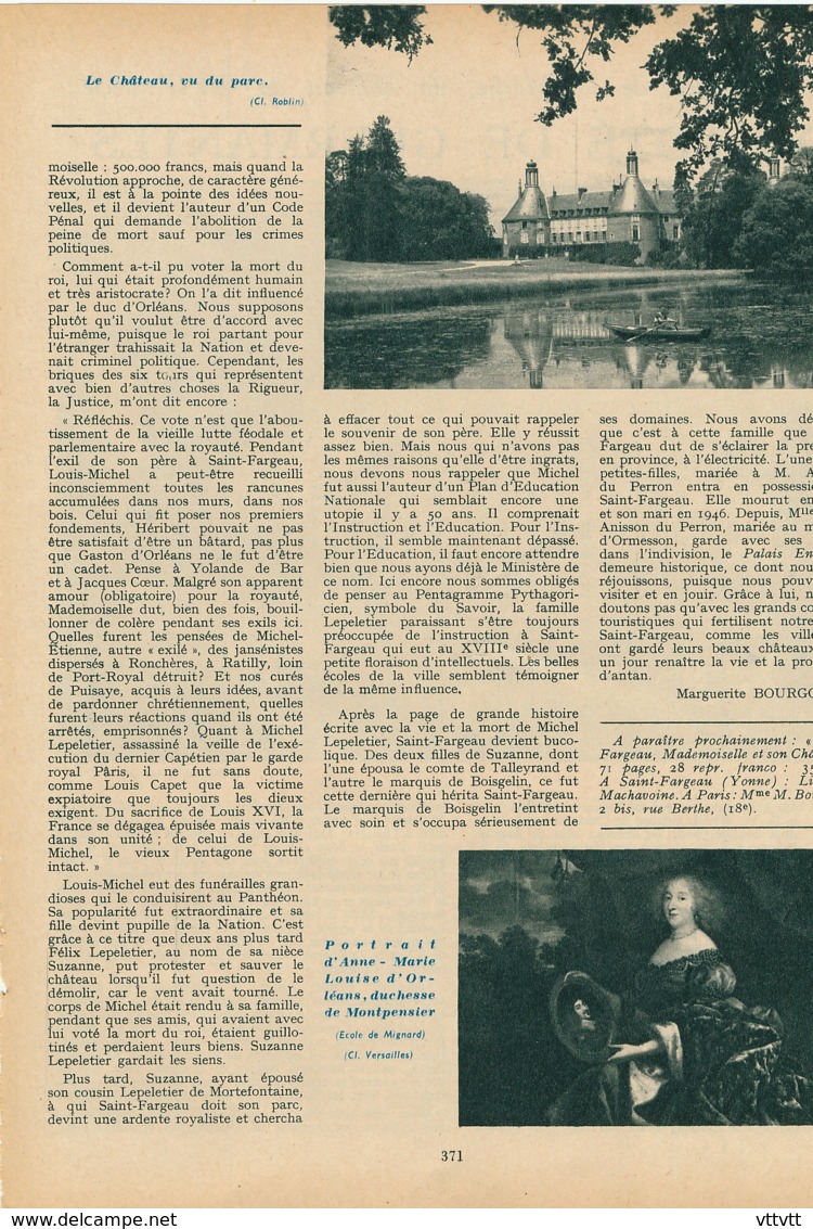 1954 : Document, SAINT-FARGEAU, Château, Tour De Bar Et De Toucy, Cour D'honneur, Le Parc, Anne-Marie-Louise D'Orléans - Non Classés