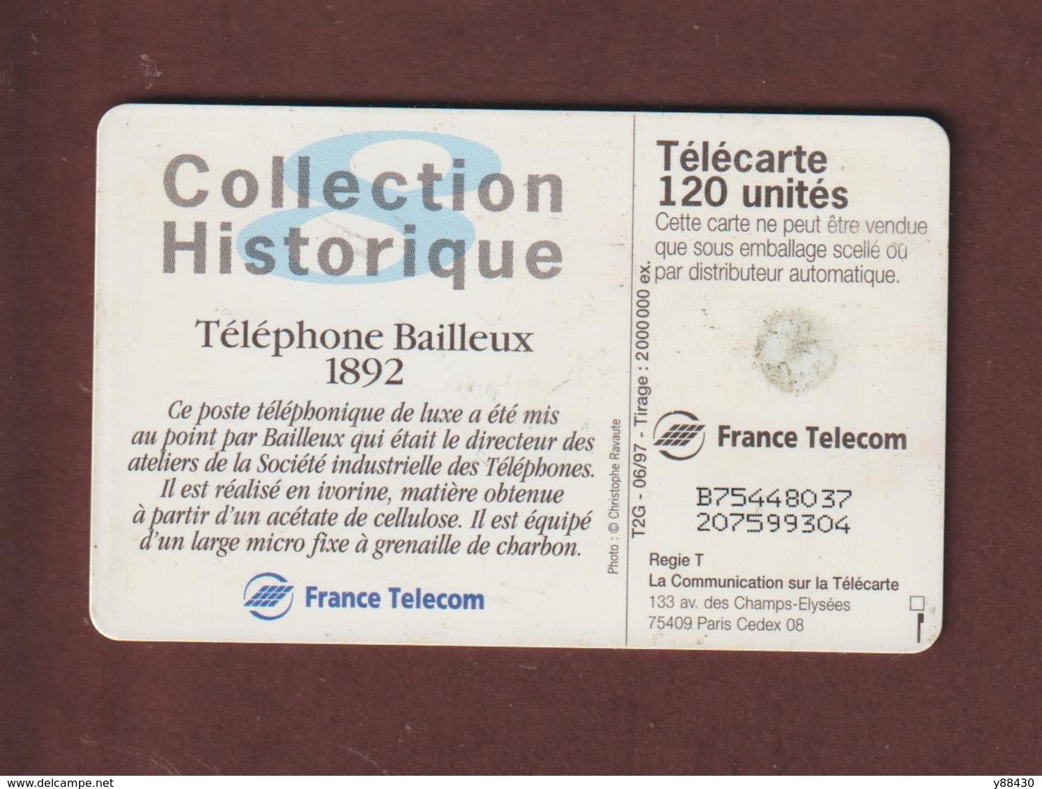 TELECARTE - Carte Téléphonique De 120 Unités - Téléphone Bailleux 1892  - 2 Scannes. - 120 Unidades