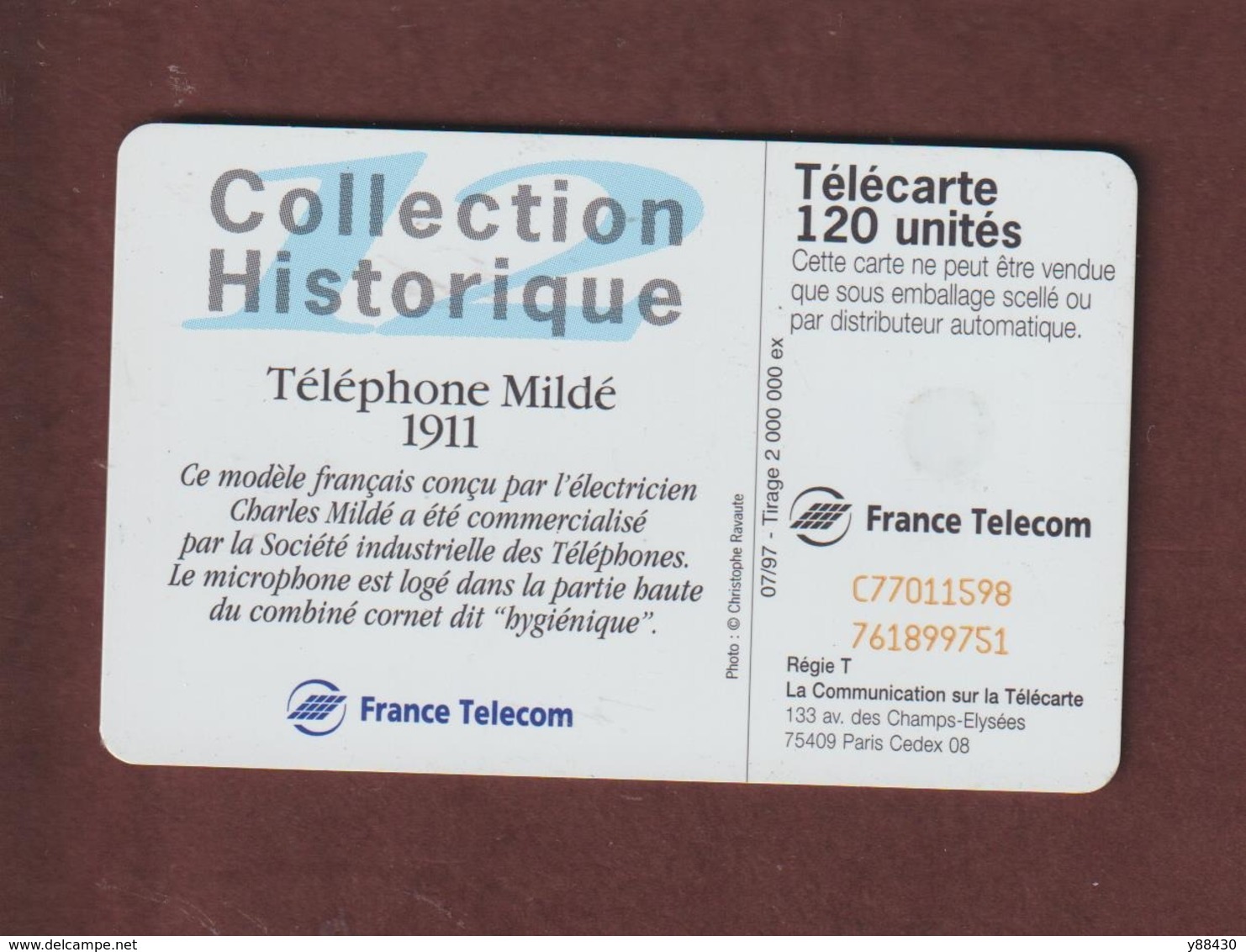 TELECARTE - Carte Téléphonique De 120 Unités - Téléphone Mildé 1911  - 2 Scannes. - 120 Unità
