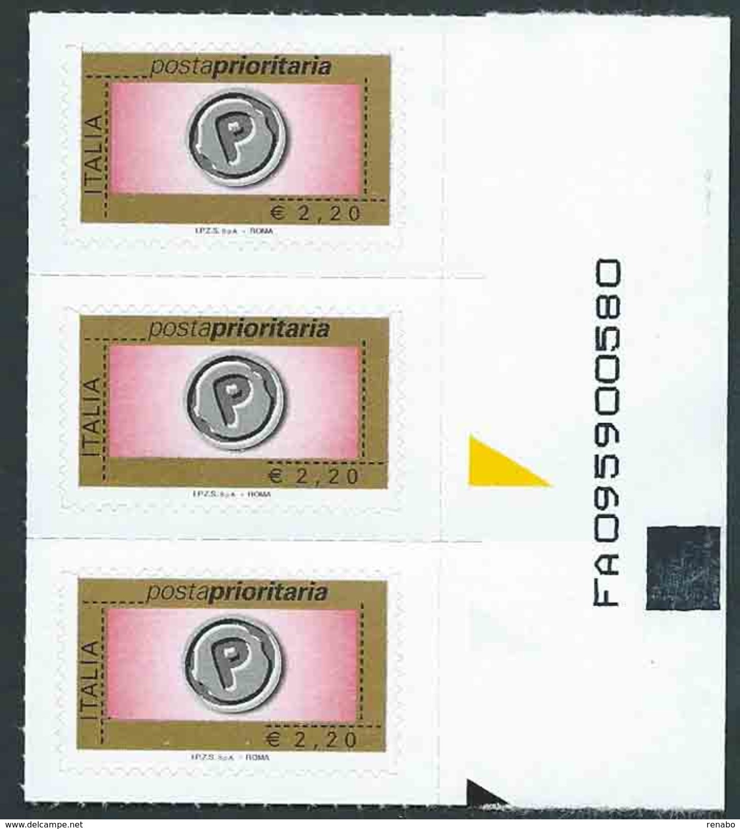 Italia 2008; Posta Prioritaria Senza Millesimo Da € 2,20. Terzina Con Codice Alfanumerico. - 2001-10:  Nuovi