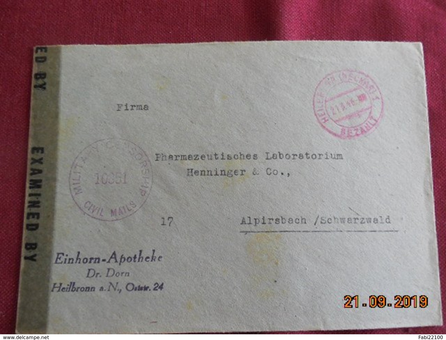 Lettre De 1946 De Heilbronn Pour Alpirsbach Avec Censure Militaire - Autres & Non Classés
