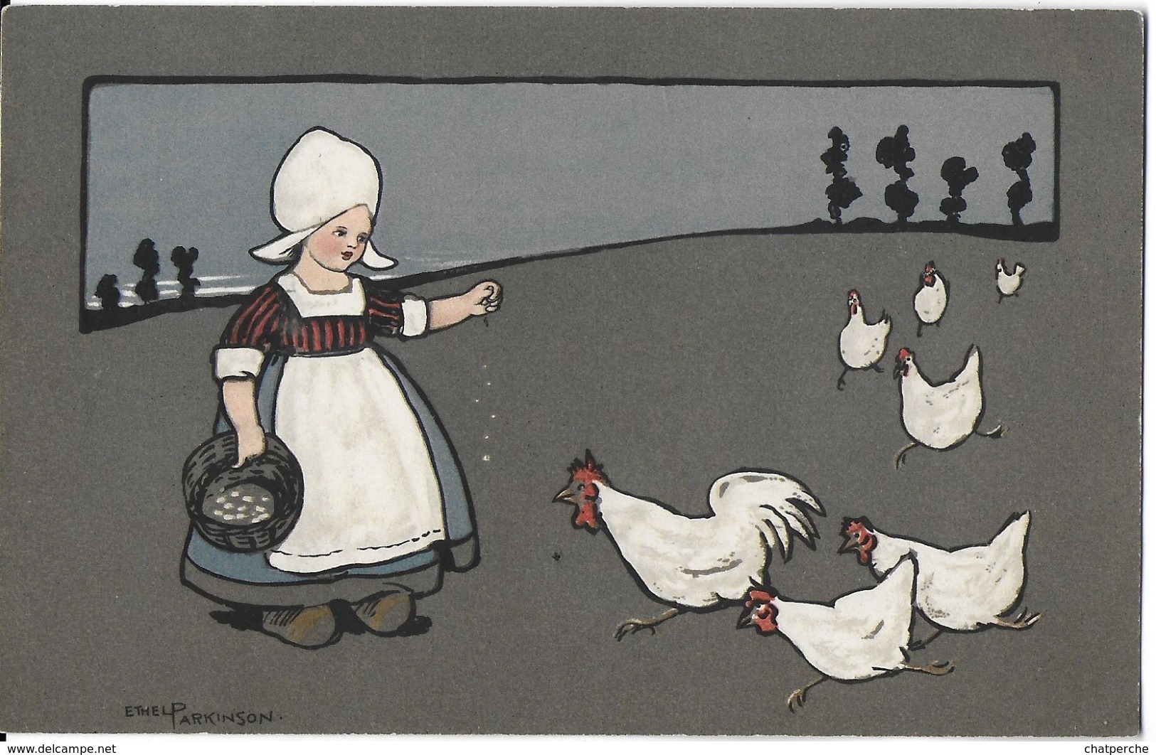 ILLUSTRATRICE ETHEL PARKINSON  JEUNE FERMIÈRE DONNANT DU GRAIN AUX POULES ET COQ NR 485 MM VIENNE M. NUNK - Parkinson, Ethel