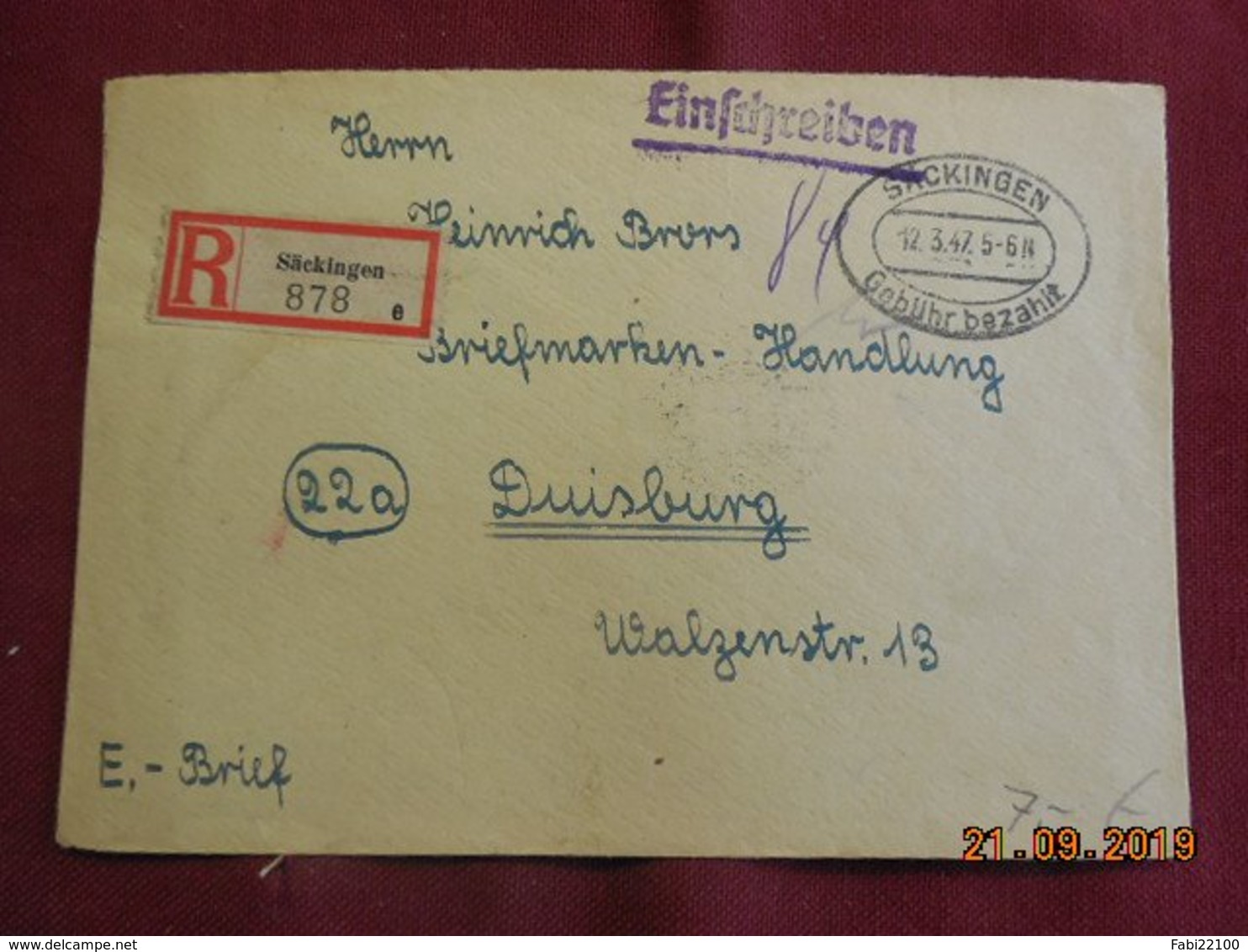 Lettre De 1947 De Sackingen Pour Duisburg En Recommandé - Autres & Non Classés