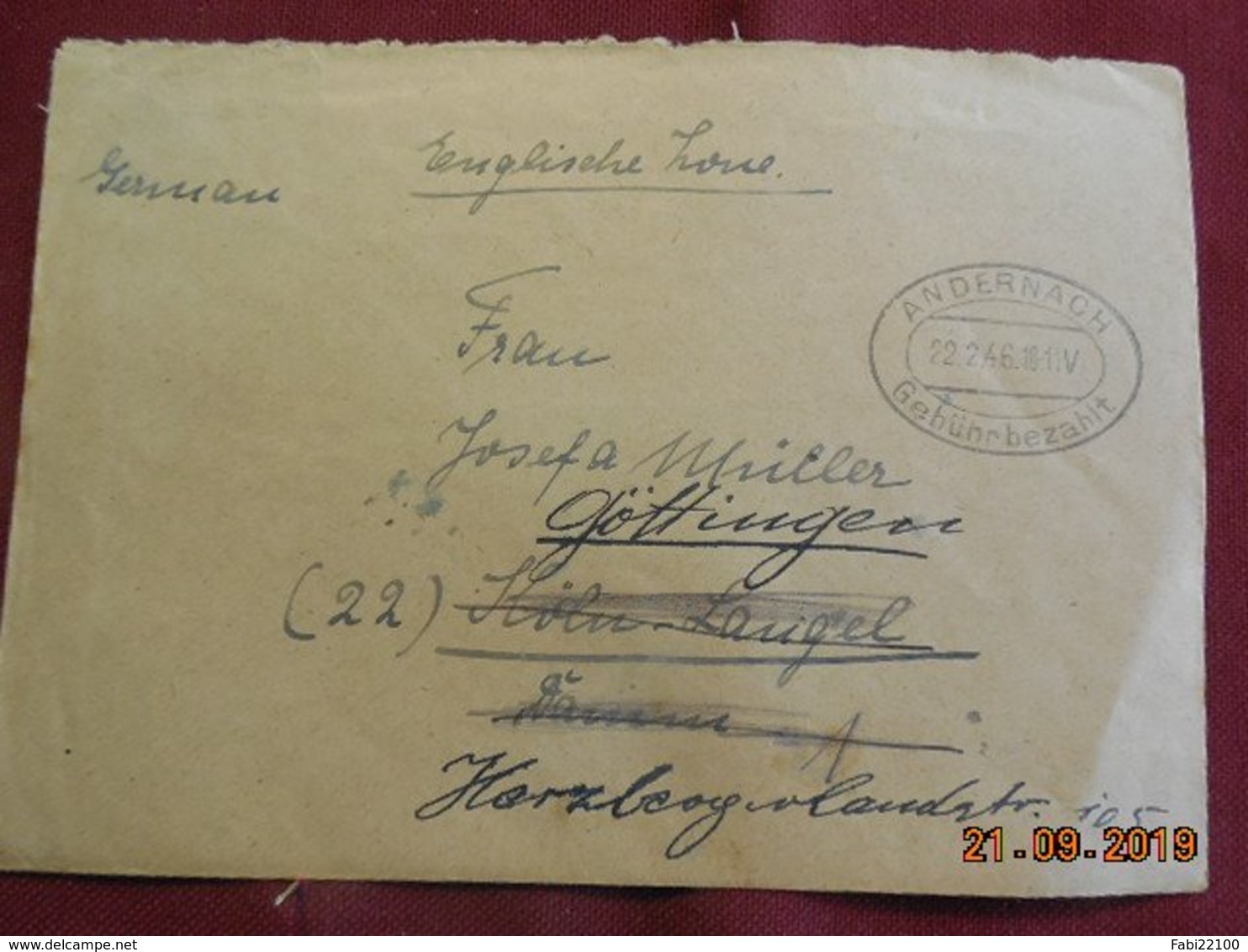 Lettre De 1946 De Andernach Pour Gottingen - Autres & Non Classés